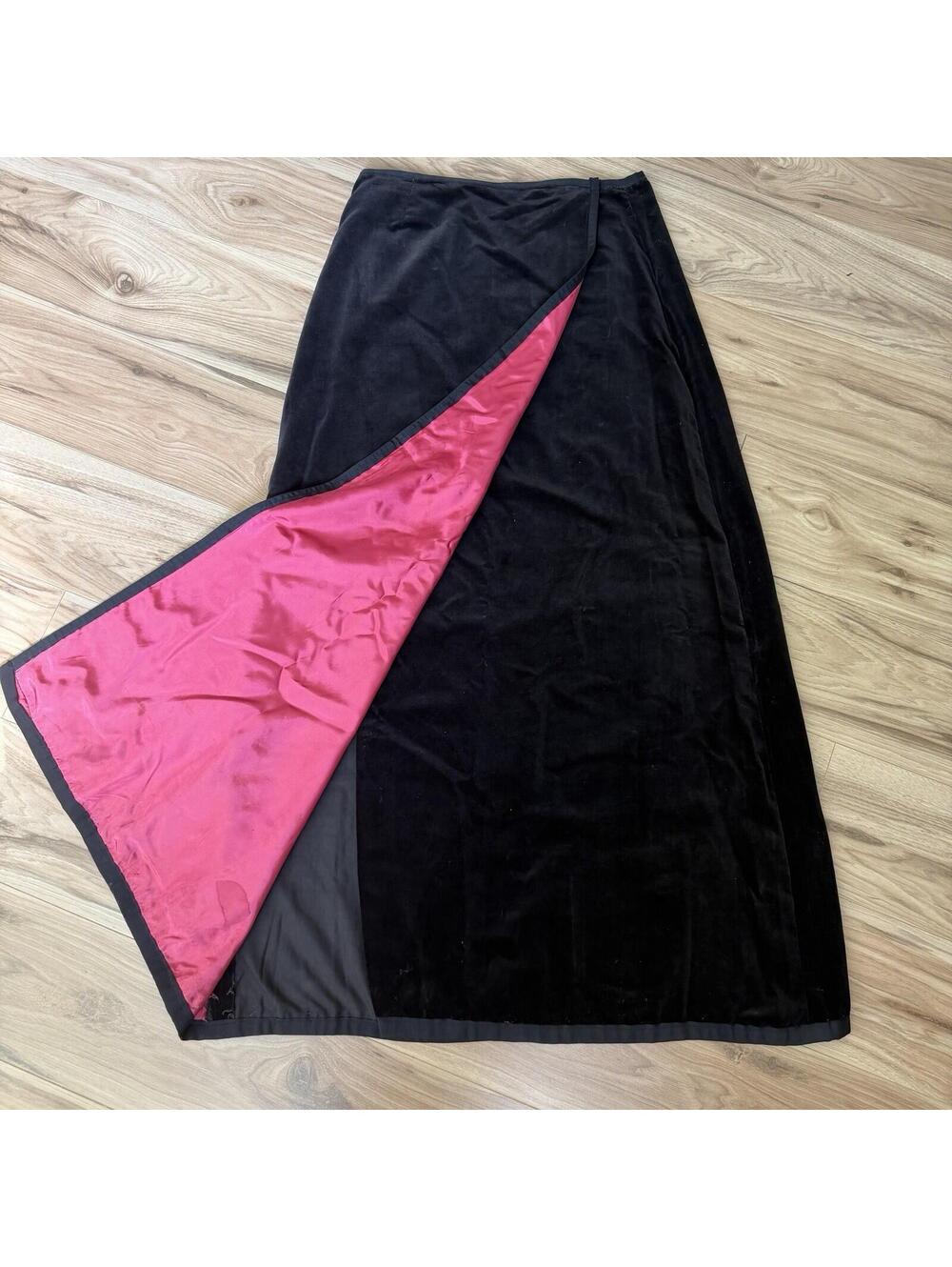 Black Velvet Maxi Skirt Hot Pink Lining Grosgrain Trim Whimsigoth Vamp